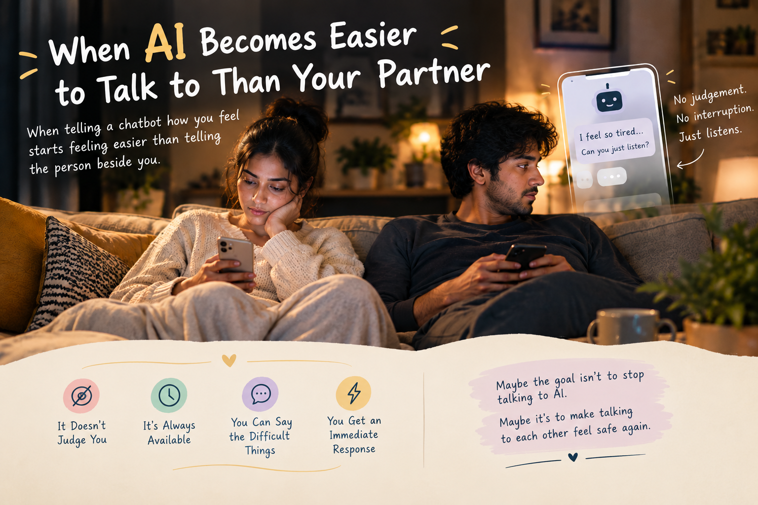 Couple sitting apart, one on their phone talking to AI instead of their partner