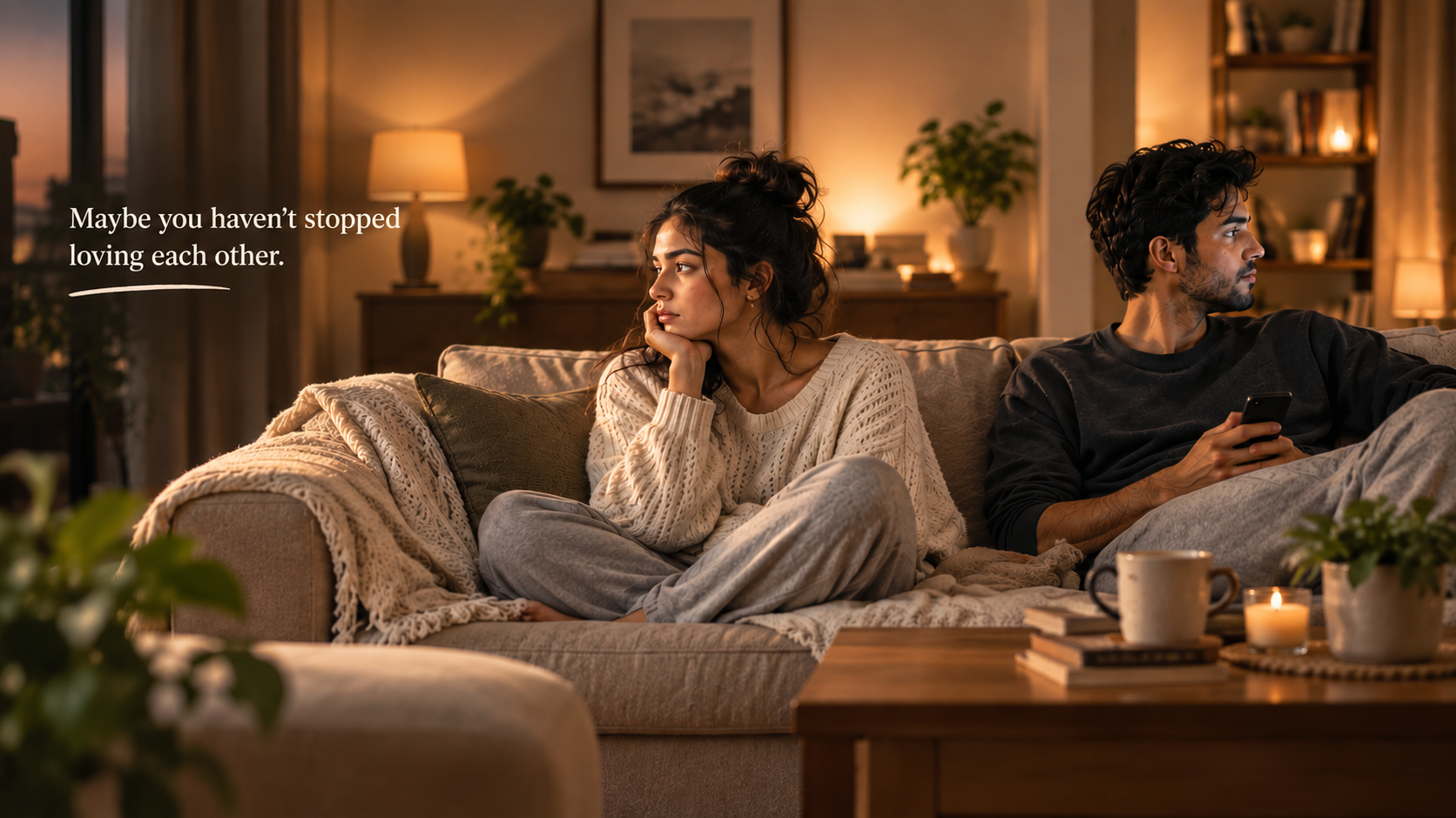 Couple sitting apart on a couch, disconnected despite sharing a home.