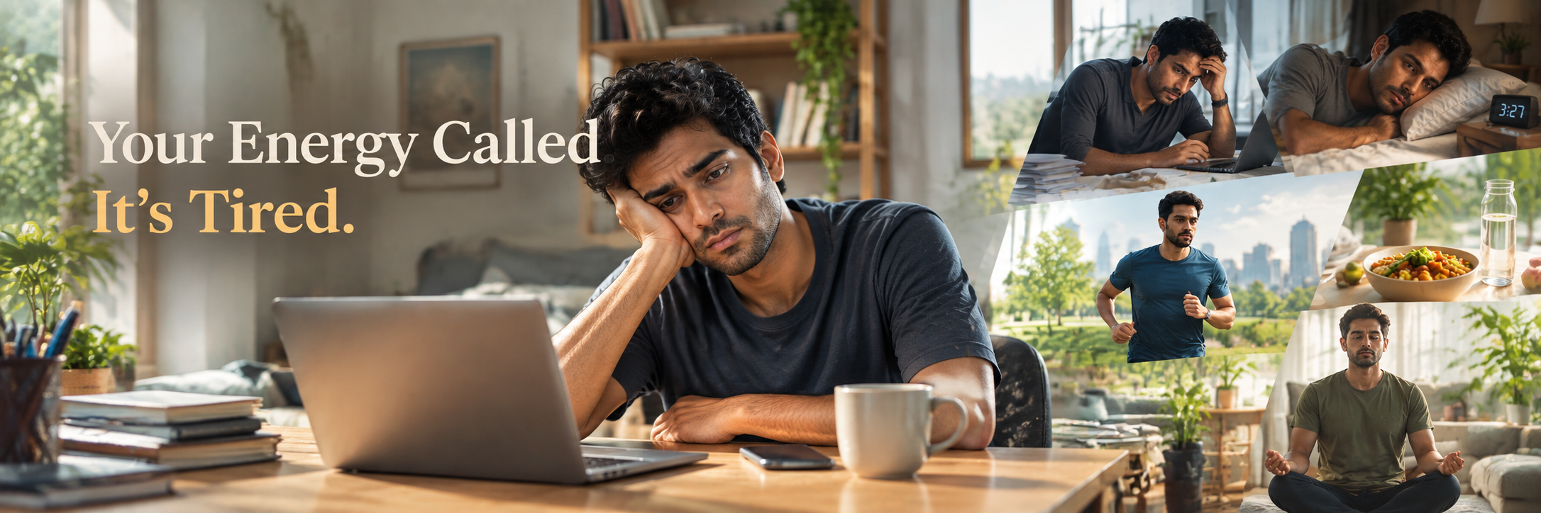 Tired Indian man working at a desk in daylight.