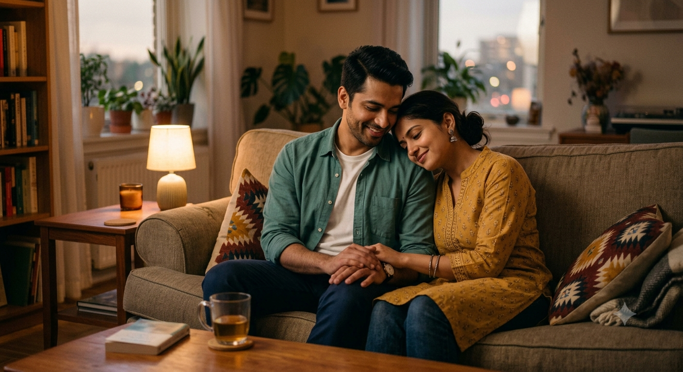 Couple sits close together on a sofa, sharing a quiet and affectionate moment.