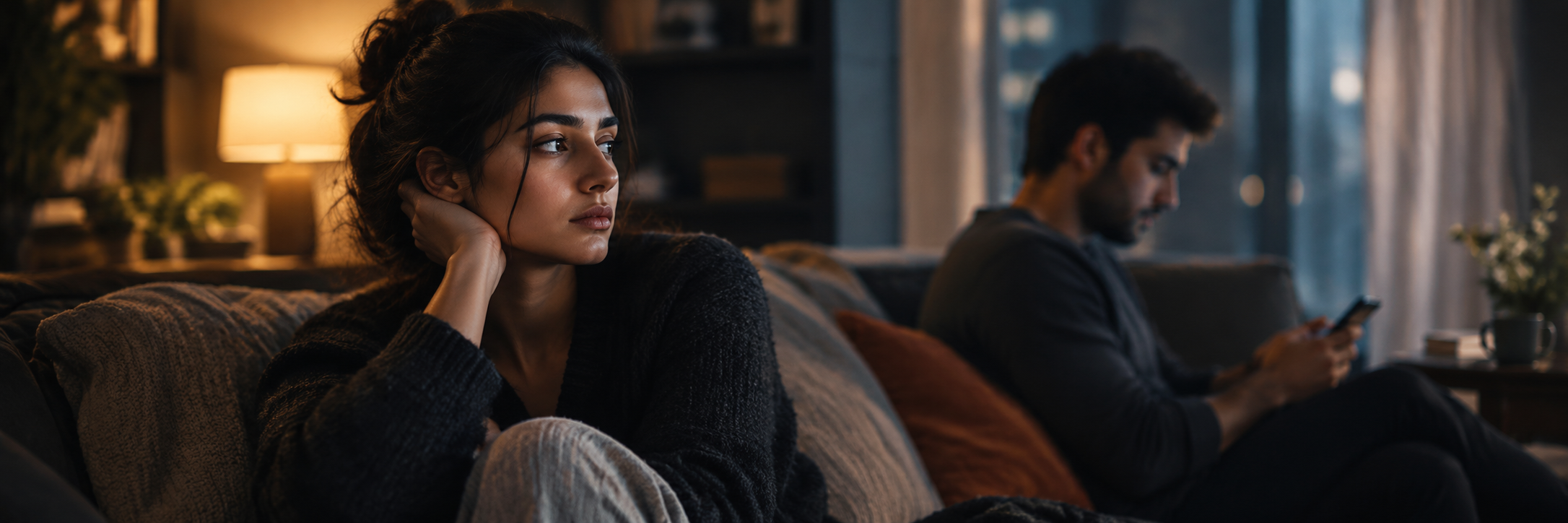 Couple sitting on sofa distant not talking.