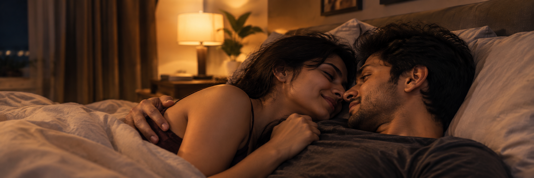 couple laying on bed looking each other