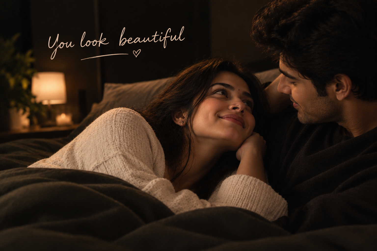 Indian couple sharing a romantic moment in bed with “You look beautiful” text, warm dim bedroom lighting, cozy dark bedding, and intimate affectionate expressions.