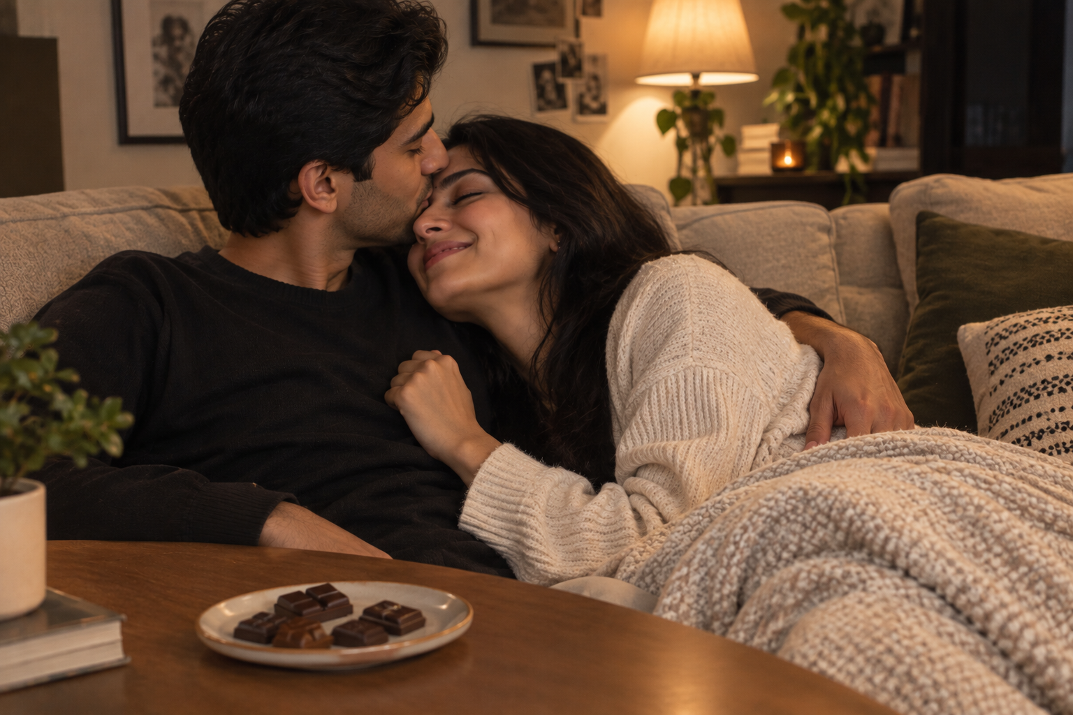 Affectionate couple cuddling on a cozy couch in a warmly lit living room with a plate of chocolates on the coffee table beside them.