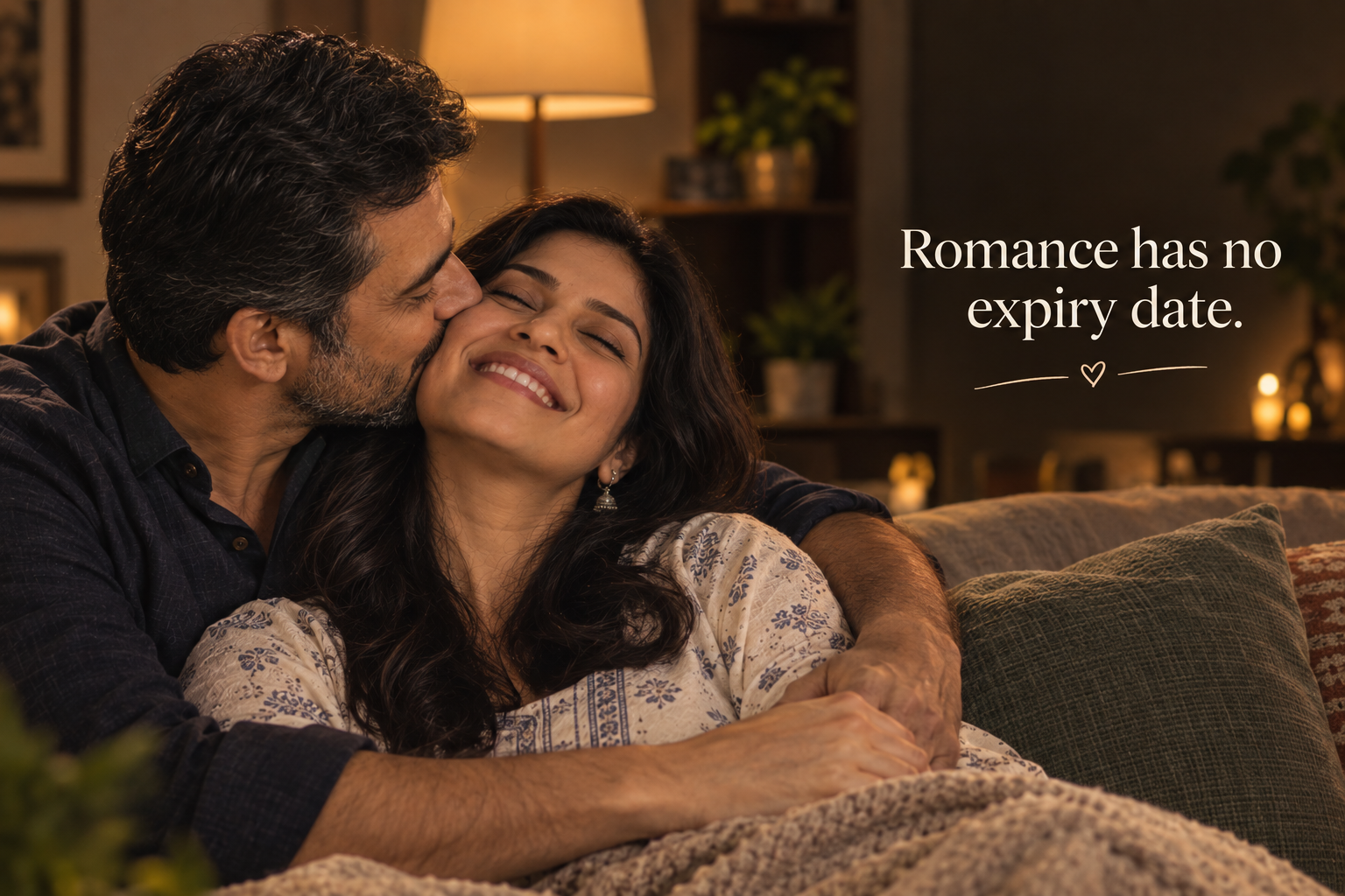 Middle-aged couple sharing a tender romantic moment at home and cuddling on a cozy sofa as the husband kisses his smiling wife’s cheek.