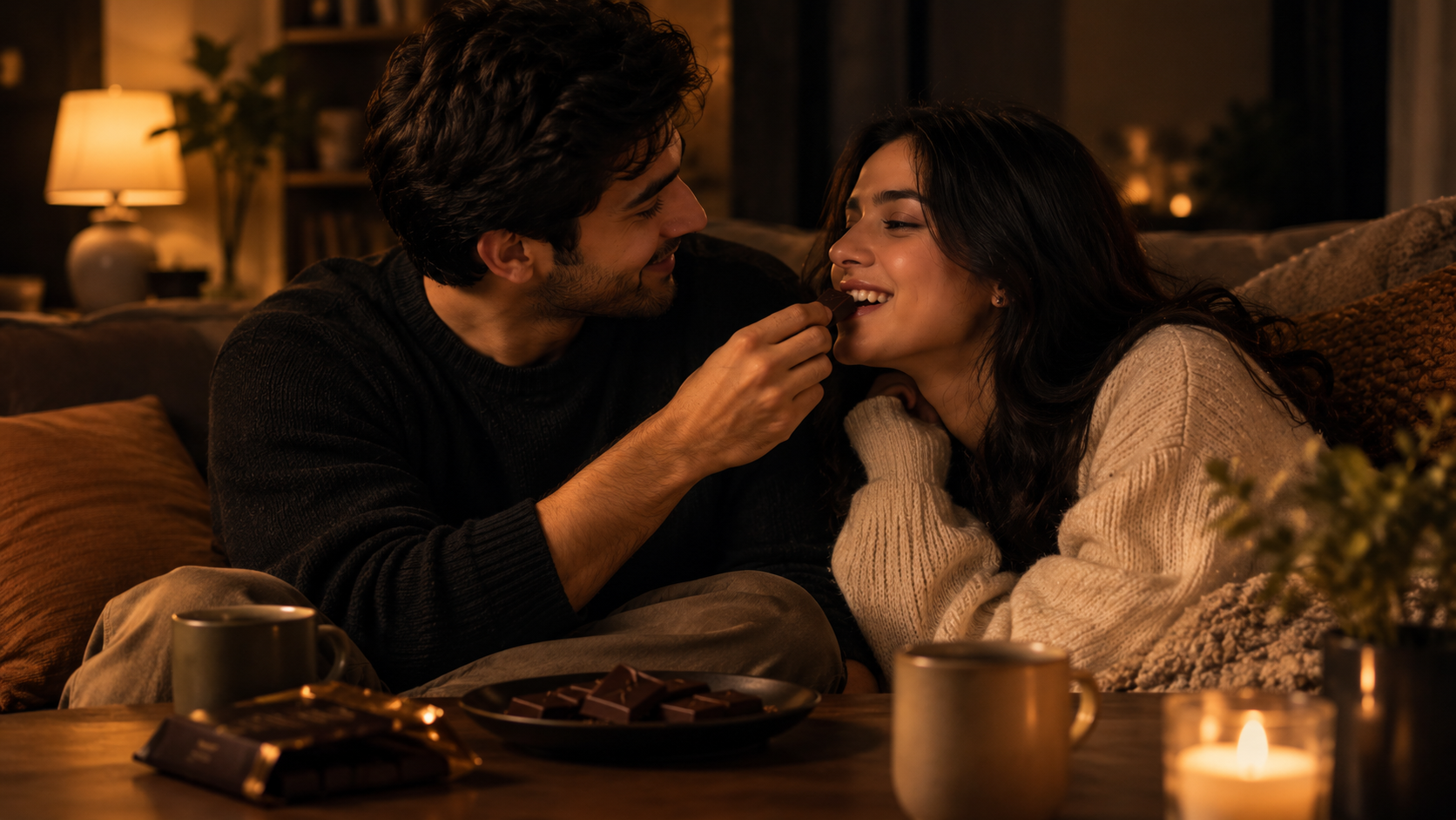 Couple sharing dark chocolate while sitting closely together on a cozy sofa in a warm, softly lit room, creating an intimate romantic moment.