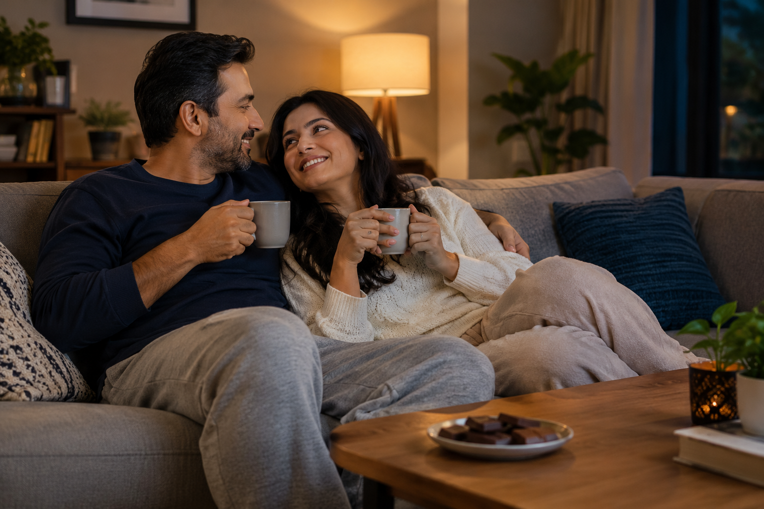 Couple cuddling on a sofa and sharing a cozy evening together, keeping romance alive in a long-term relationship.