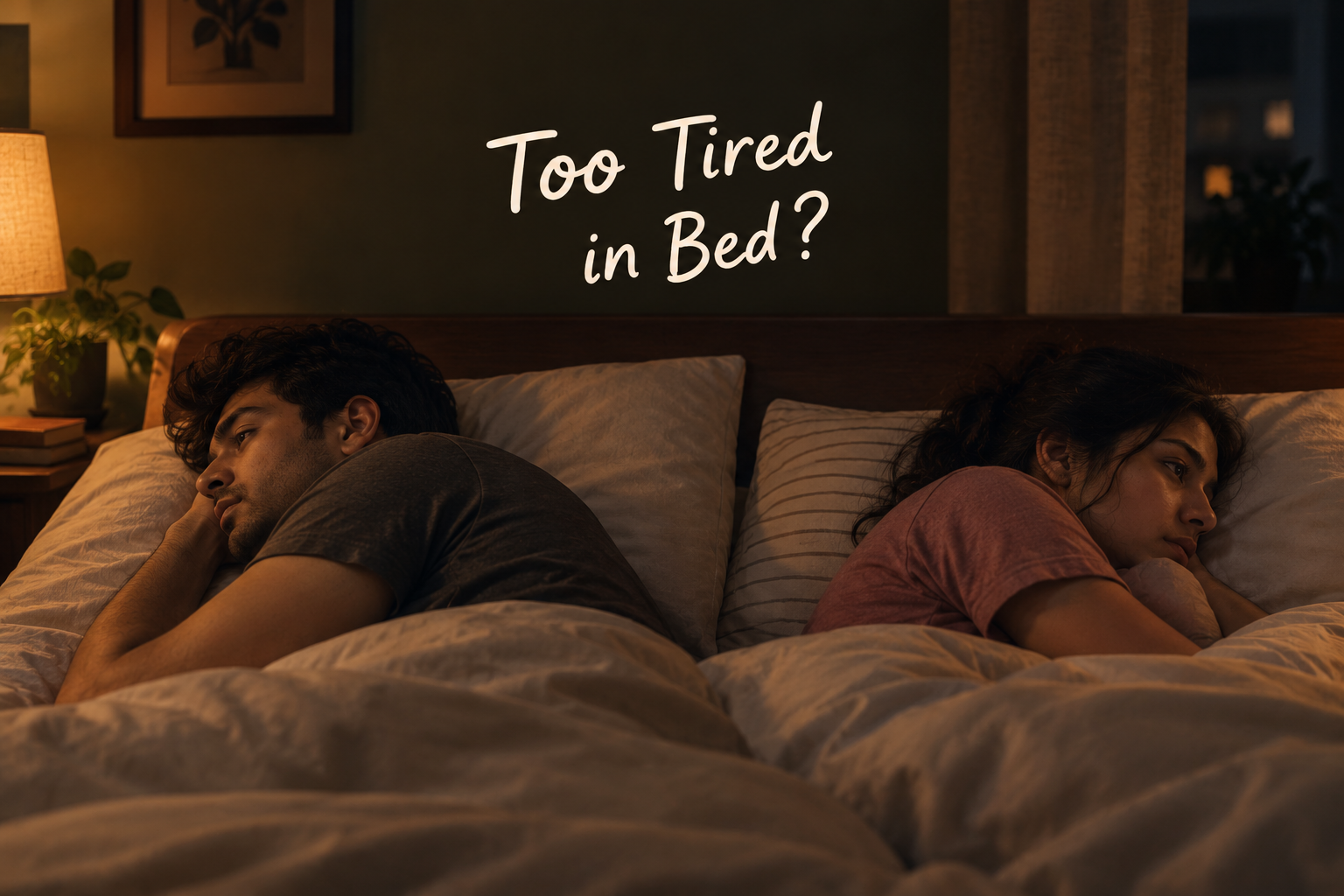 Couple lying back-to-back in bed at night, looking tired and emotionally distant, with warm dim bedroom lighting and the text “Too Tired in Bed?”